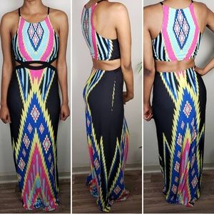 Multi-Colored Maxi Dress with Waist Slit - S
